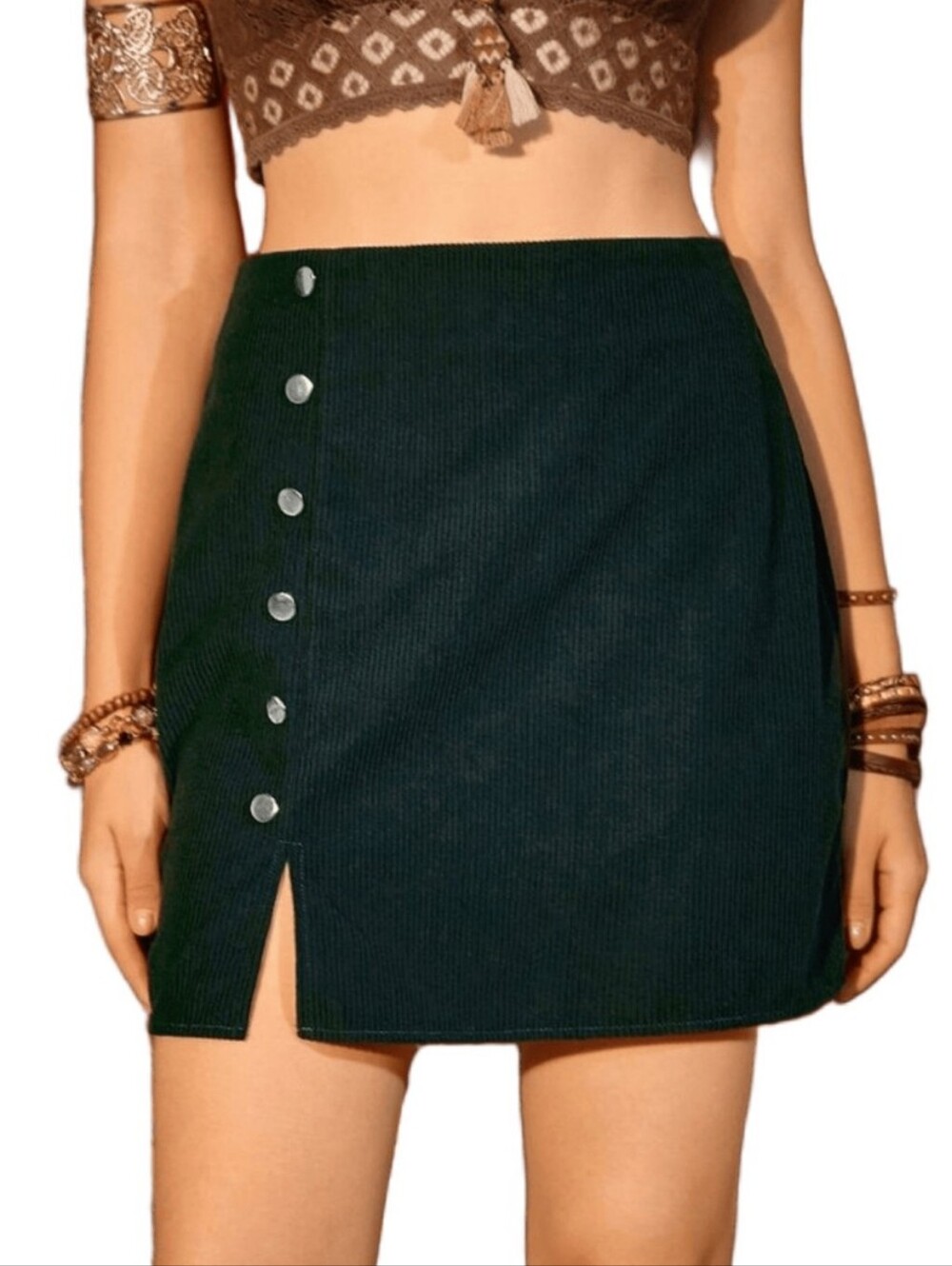 ROMWE Dark Green Corduroy Skirt
